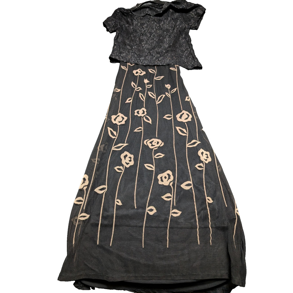 Vintage Durian Black Beige Floral Maxi Dress Lined Small 80's Lace Overtop Added